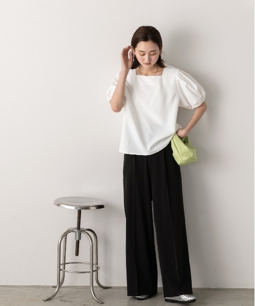 Amitie パフスリーブ半袖ノーカラーブラウスホワイト S for Shoko ad thie（アドティエ） ブラウス シャツ 半袖 パフスリーブ 半袖
