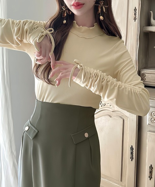 Meiru tシャツ シアーハイネックギャザーリボントップス レディース