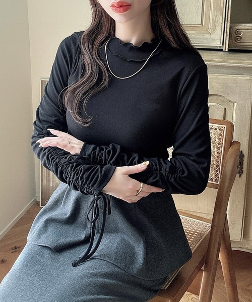 Meiru tシャツ シアーハイネックギャザーリボントップス レディース