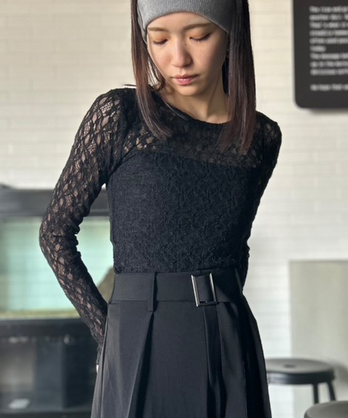 美品✨24ss ビアズリー Tシャツ 袖レース クルーネック カットソー 黒 裾レースカットソー（Tシャツ/カットソー）｜BEARDSLEY