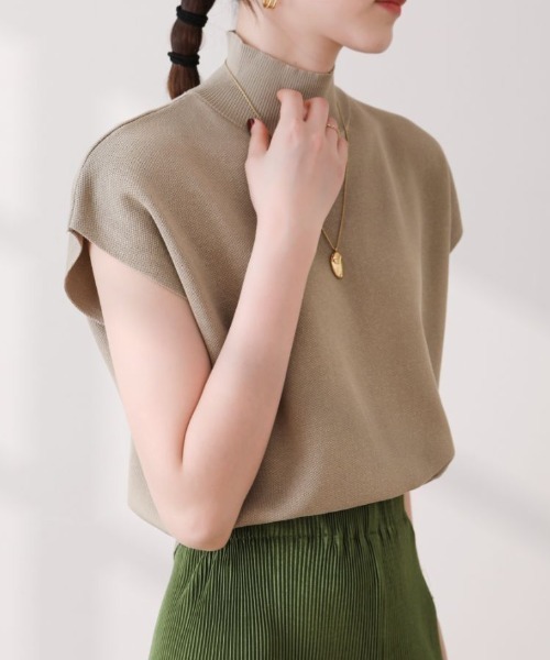 フレンチスリーブハイネックニットトップス レディース tシャツ 一枚で夏服がオシャレに着こなせる！フレンチスリーブ