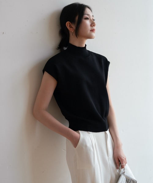 フレンチスリーブハイネックニットトップス レディース tシャツ 一枚で夏服がオシャレに着こなせる！フレンチスリーブ