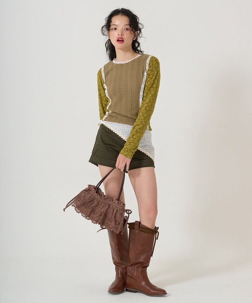 TINA:JOJUN レース ハンドバッグ ブラウン TINA：JOJUN ハンドバッグ レースアップ フェイクレザーバッグ