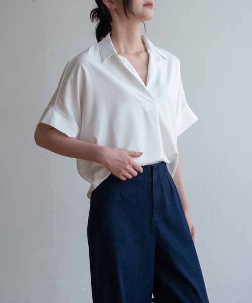 ブラウス シャツ 夏服にピッタリ！Vネックスキッパーフレンチスリーブ