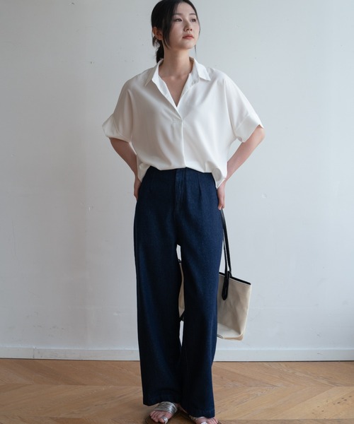 ブラウス シャツ 夏服にピッタリ！Vネックスキッパーフレンチスリーブ