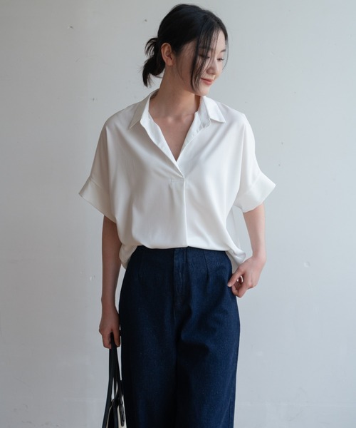 ブラウス シャツ 夏服にピッタリ！Vネックスキッパーフレンチスリーブ 