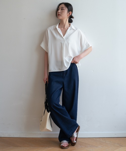 ブラウス シャツ 夏服にピッタリ！Vネックスキッパーフレンチスリーブ