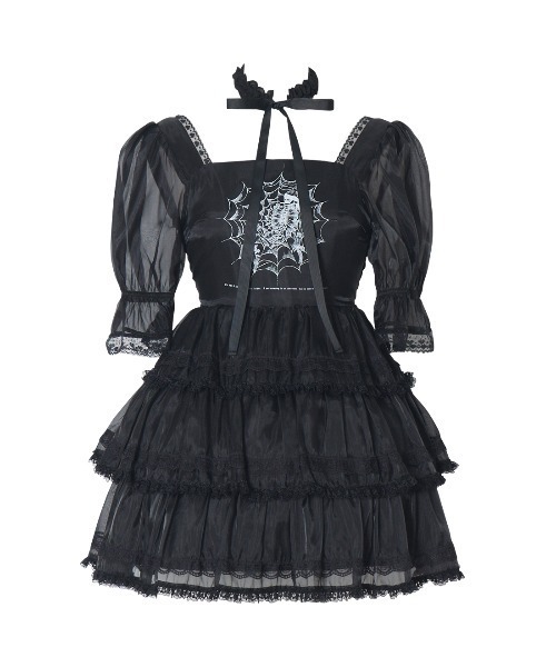 AVENCHUMU ワンピース Frill choker sheer tiered illustration