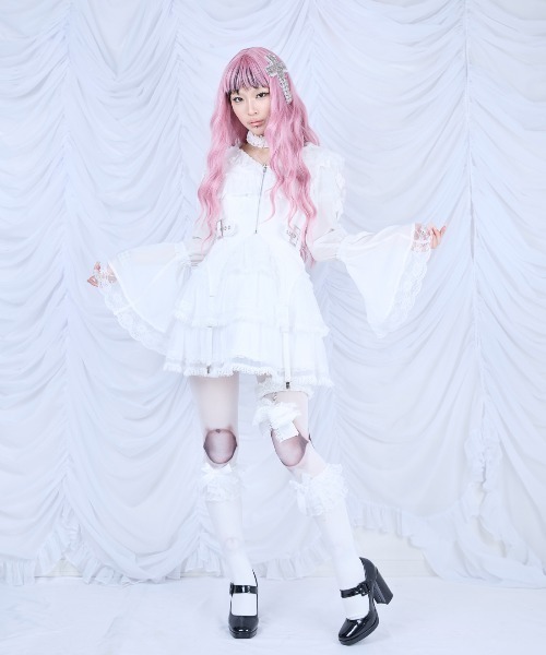 AVENCHUMU ワンピース Frill choker sheer tiered illustration