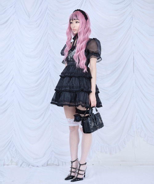AVENCHUMU ワンピース Frill choker sheer tiered illustration