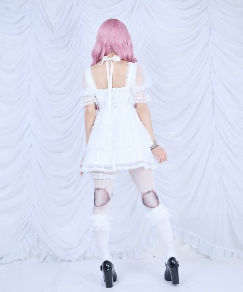 AVENCHUMU ワンピース Frill choker sheer tiered illustration