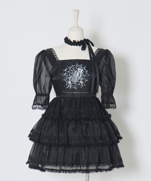AVENCHUMU ワンピース Frill choker sheer tiered illustration