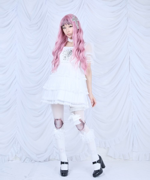 AVENCHUMU ワンピース Frill choker sheer tiered illustration