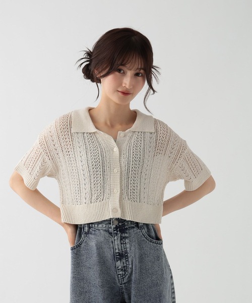 GLOBAL WORK ニット セーター 透かし編みニット半袖/AND YUA ANY