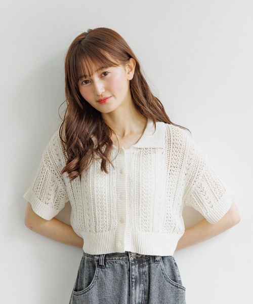 GLOBAL WORK ニット セーター 透かし編みニット半袖/AND YUA ANY