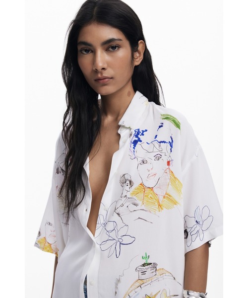 レディースシャツ　デシグアル　デザインシャツ　インポート Desigual ブラウス シャツ イラストキャラクター半袖シャツ