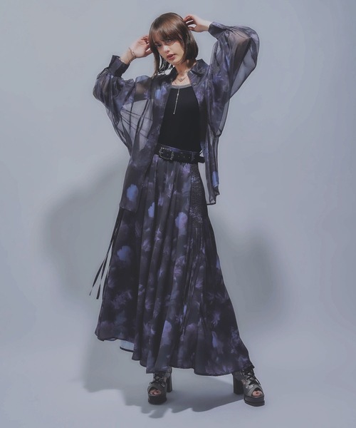 【美品】HARE　blurフラワーガラフレアスカート　ブルー　シアー　プリーツ 美品】HARE blurフラワーガラフレアスカート ブルー シアー プリーツ