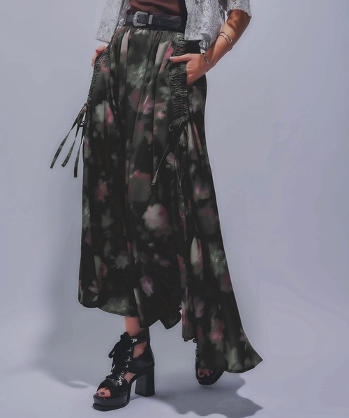 【美品】HARE　blurフラワーガラフレアスカート　ブルー　シアー　プリーツ 美品】HARE blurフラワーガラフレアスカート ブルー シアー