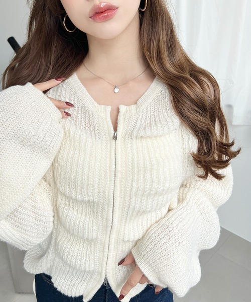 moment+ カーディガン シャーリングジップニットカーディガン