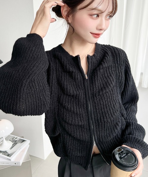 moment+ カーディガン シャーリングジップニットカーディガン