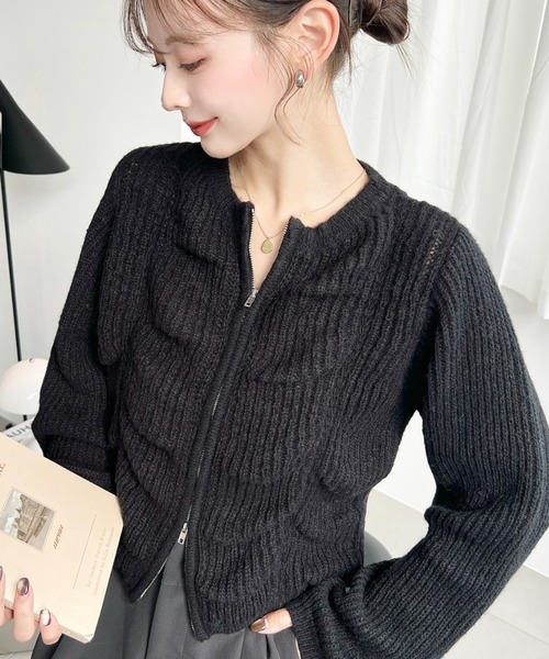 moment+ カーディガン シャーリングジップニットカーディガン