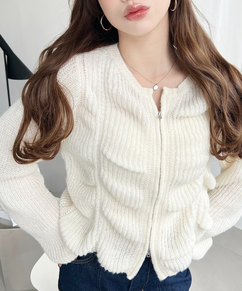 moment+ カーディガン シャーリングジップニットカーディガン