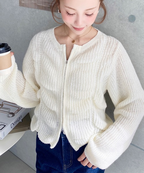 moment+ カーディガン シャーリングジップニットカーディガン