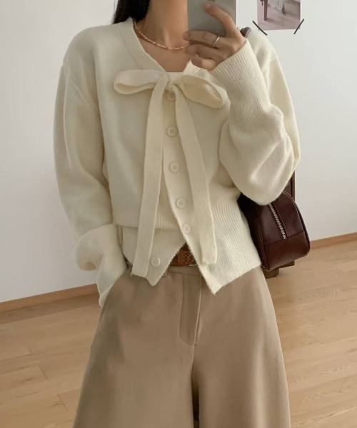 ファビアナカーデ　アイボリー カーディガン フロントリボンカーディガン レディース : ZOZOTOWN