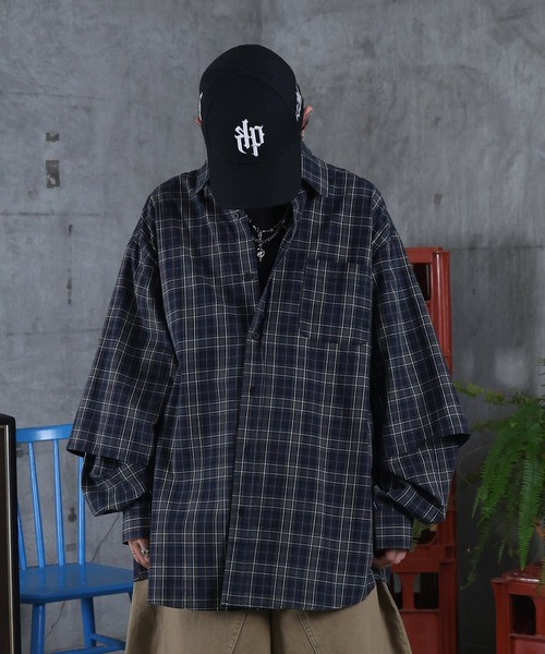 シャツ フェイクレイヤード チェックシャツ メンズ レディース ユニ