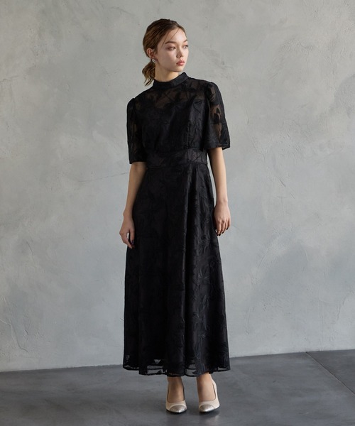 AIMER チュール刺繍×ドットチュールプチハイネックフィット＆フレアドレス AIMER（エメ） ドレス チュール刺繍×ドットチュールプチハイネック