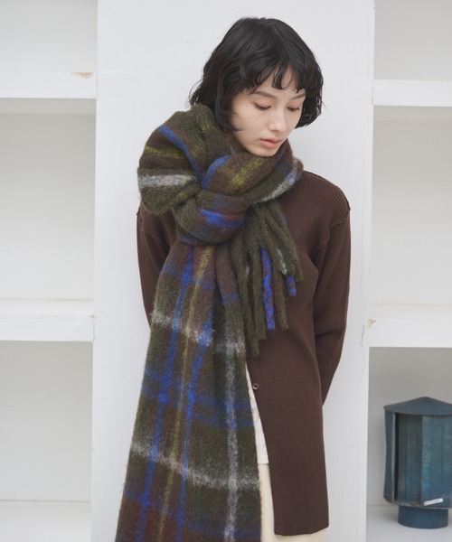 AIC. マフラー ストール チェックバルキーフリンジマフラー レディース