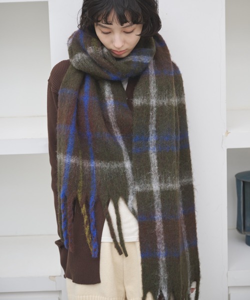 AIC. マフラー ストール チェックバルキーフリンジマフラー レディース