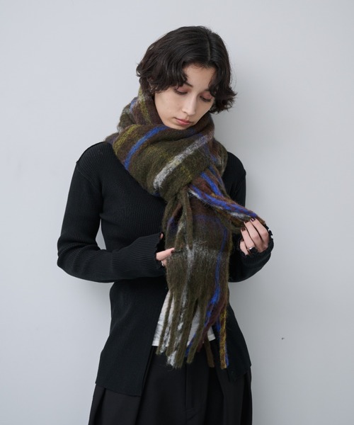 AIC. マフラー ストール チェックバルキーフリンジマフラー レディース