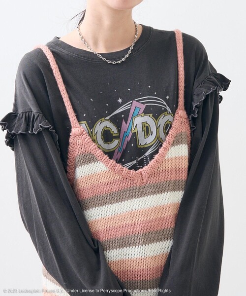 AC DC レディース　バンドT M FREAK'S STORE tシャツ ACDC ロゴ フリル ロンT / ロックT
