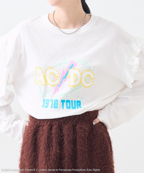 AC DC レディース　バンドT M FREAK'S STORE tシャツ ACDC ロゴ フリル ロンT / ロックT
