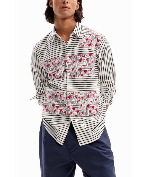 Desigual シャツ ストライプ＆ハート パッチワークシャツ メンズ