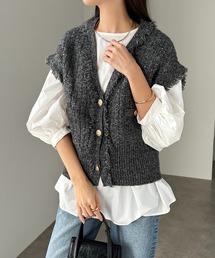 極美品UBig ツイードフリンジベストS andme ベスト ジレ ツイードVネック金ボタンフリンジニット