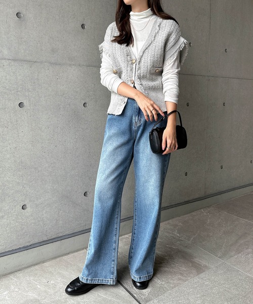 andme（アンドミー） ベスト ジレ ツイードVネック金ボタンフリンジ