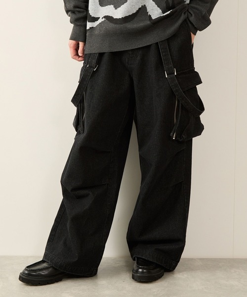 Varde77 カーゴパンツ JUNRED カーゴパンツ ワイドデニムサスペンダーカーゴパンツ
