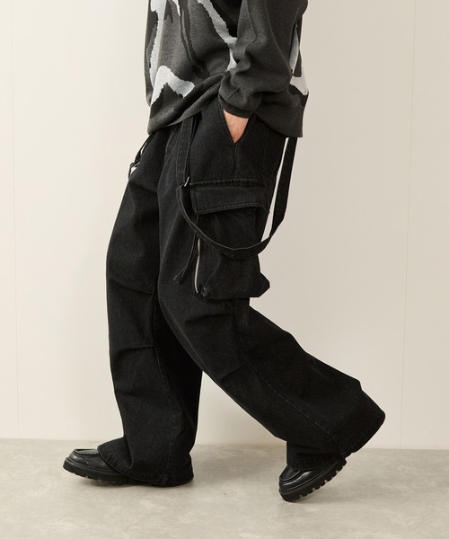 RE DARK♡カーゴパンツ JUNRED カーゴパンツ ワイドデニムサスペンダーカーゴパンツ