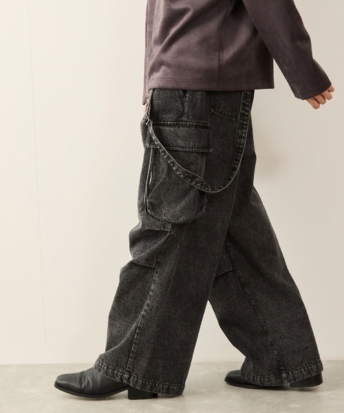 PooPoo　　　デニムサスペンダーカーゴパンツ　ブラック　38 ルーズシルエットハイウエストサスペンダーZIPポケットデニム