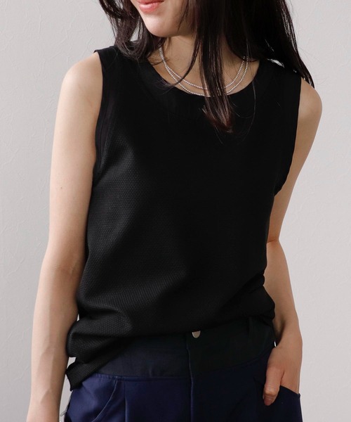 threeASFOUR ノースリーブ タンクトップ Three Four Time タンクトップ ノースリーブ ラッセル編シアー