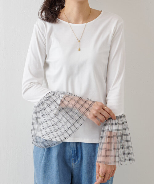 tシャツ チェックチュールスリーブTシャツ レディース