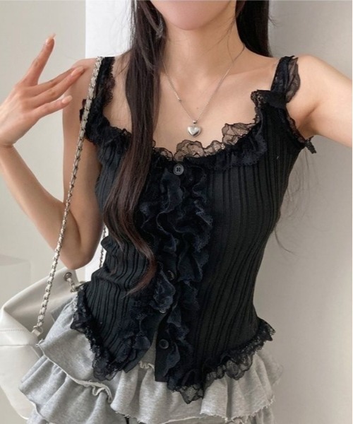 gossip!ロサンゼルス tシャツ Y2K スクエアネックレースタンクトップ