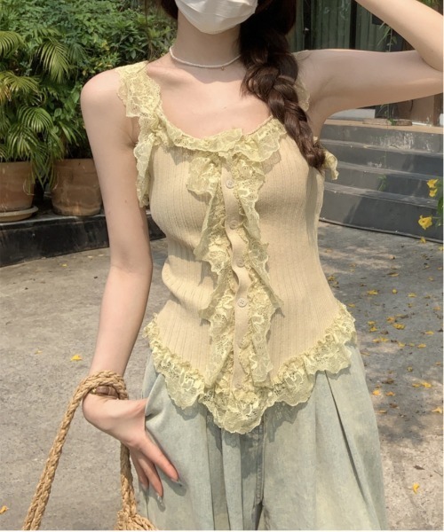 gossip!ロサンゼルス tシャツ Y2K スクエアネックレースタンクトップ