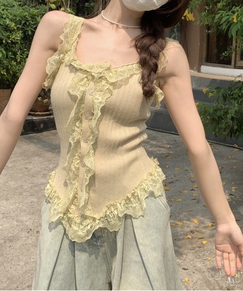 gossip!ロサンゼルス tシャツ Y2K スクエアネックレースタンクトップ