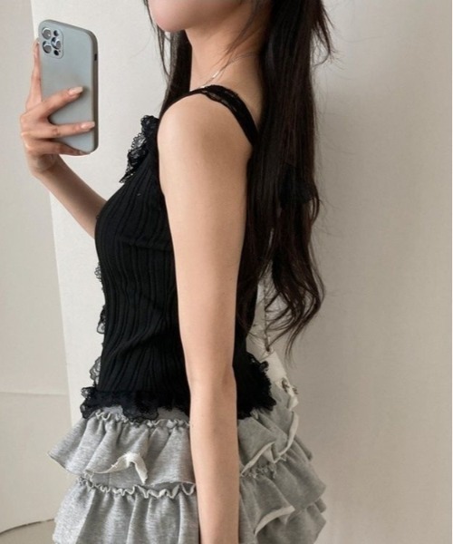 ❤︎Anela❤︎C/L 2FACEレーススクエアカットタンク ブラック C/L