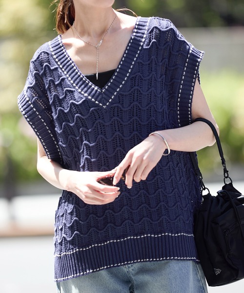 ROPE' PICNIC ベスト ジレ 配色ステッチ透かし編みニットベスト