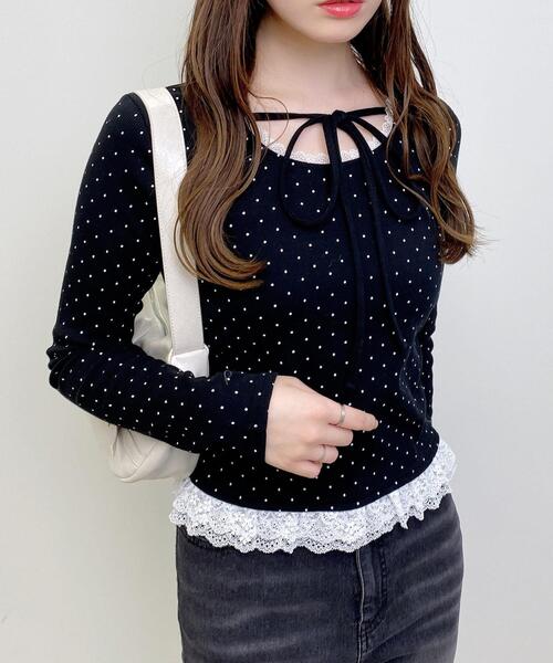 INGNI（イング） tシャツ 「WEB限定」レース出しリボン付ドットリブ 