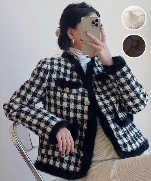 shoppinggo セットアップ 中綿ツイードジャケット ボアジャケット 千鳥